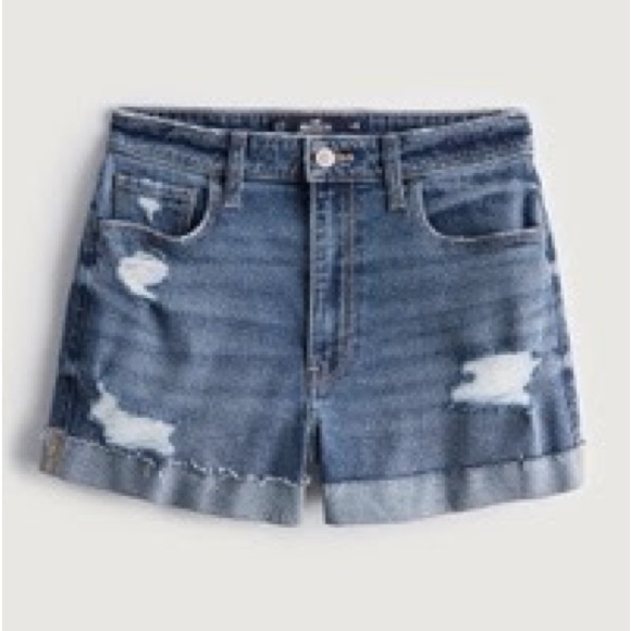 HOLLISTER Ultra High-Rise Ripped Medium Wash Denim Mom Shorts, Size 35W - Picture 3 of 6